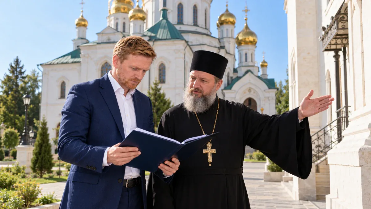 Эксперт Николай и представитель православного храма проверяют актуальность сведений паспорта безопасности религиозной организации по ПП РФ №1165.