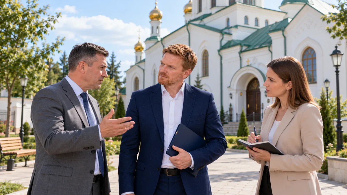 Эксперт Николай и представители проверяющей группы осматривают православный храм для оценки антитеррористической защищённости по Постановлению Правительства РФ №1165.