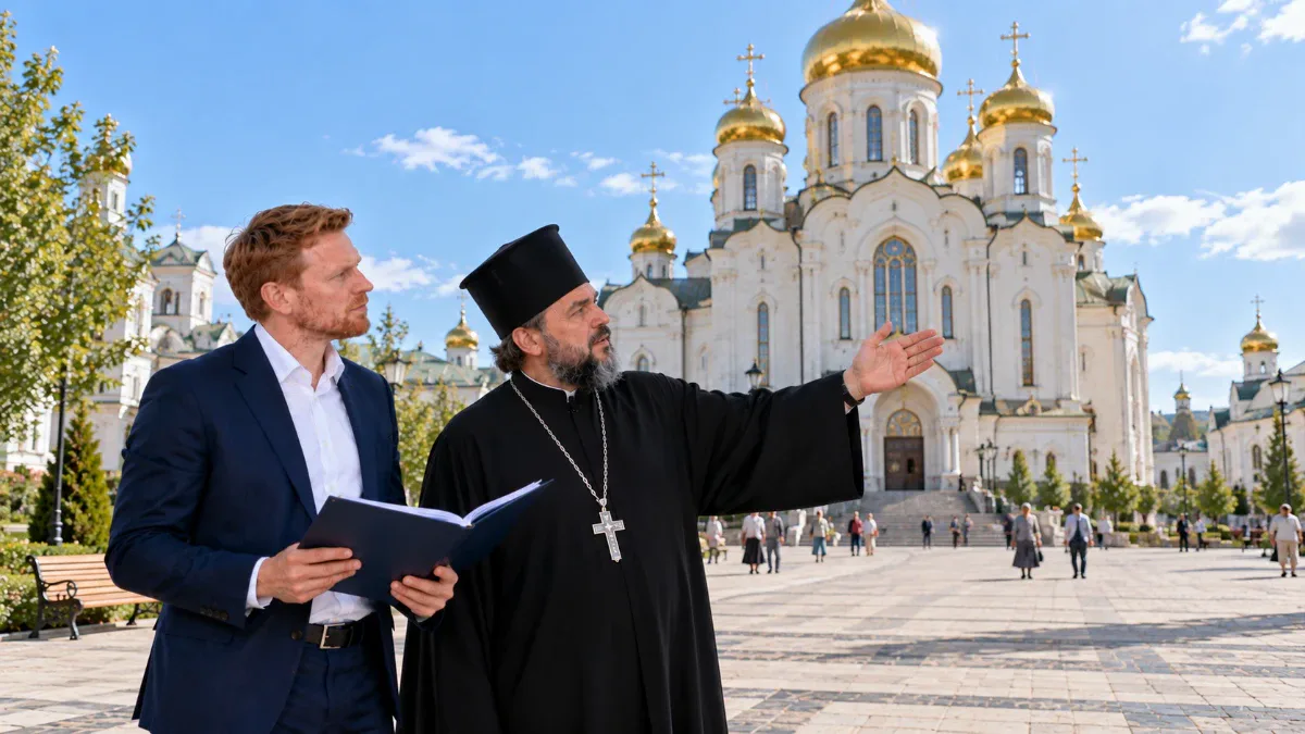 Эксперт Николай и представитель религиозной организации обследуют крупный православный собор для определения категории антитеррористической защищённости по ПП РФ №1165.