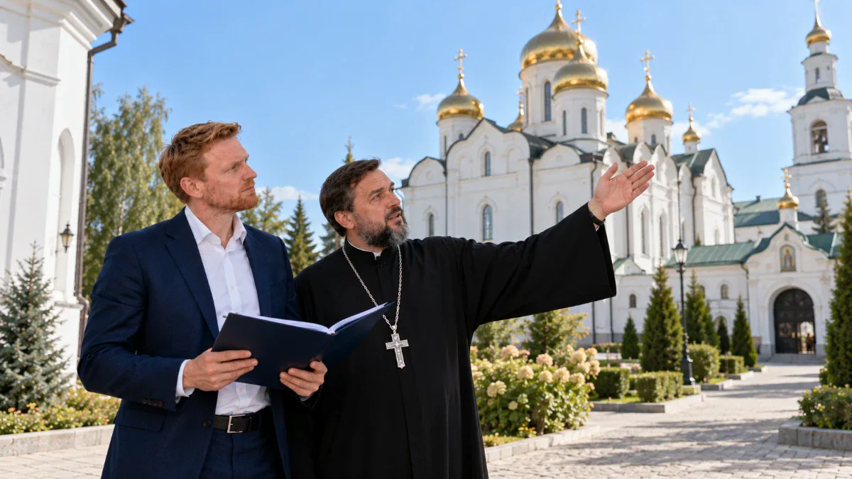 Эксперт Николай и представитель религиозной организации проводят обследование православного храма для категорирования по Постановлению Правительства РФ №1165.