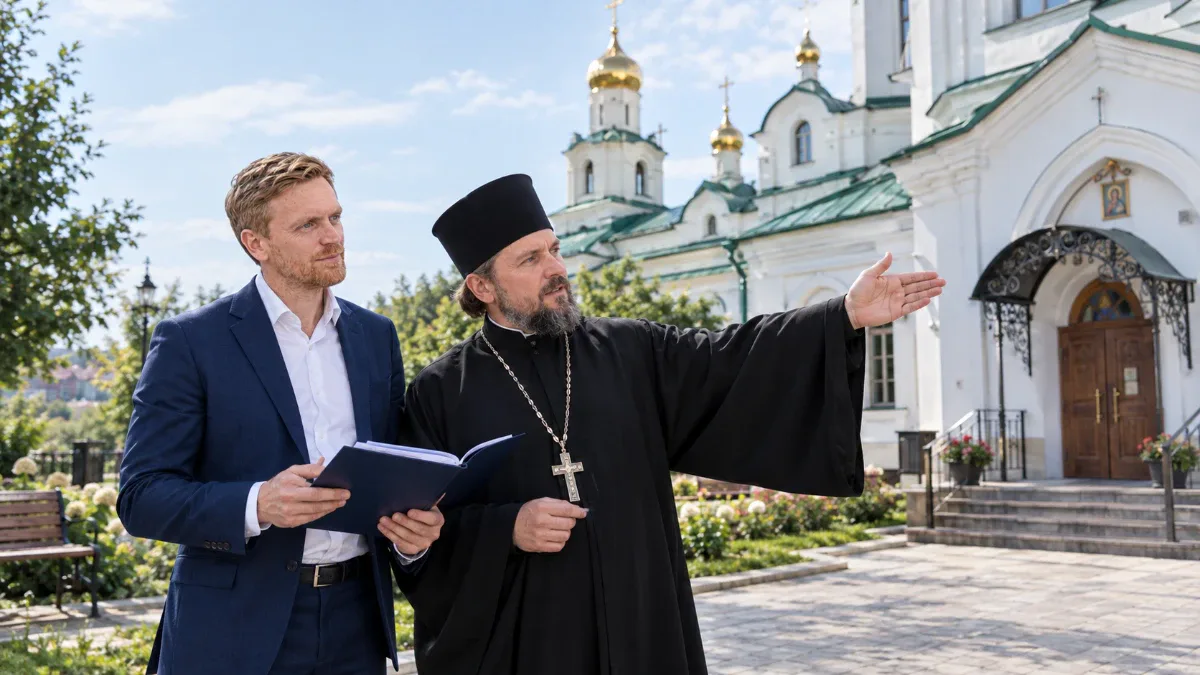 Эксперт Николай и представитель религиозной организации обследуют православный храм для подготовки акта обследования по Постановлению Правительства РФ №1165.